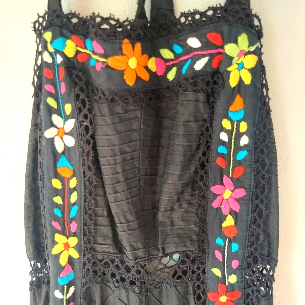 VINTAGE - 14 - Black Maxi Dress with Colorful Embroidery - Picture 2 of 7